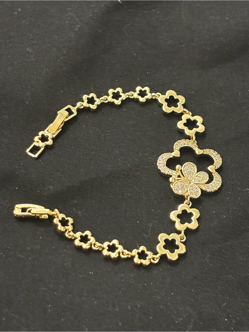 Gold Floral Clover Bracelet with Pave Crystal Center